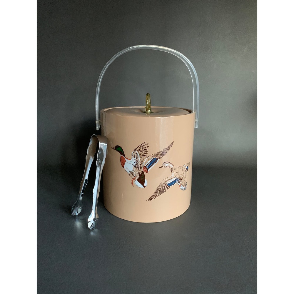 VTG LIBBEY Duck Ice Bucket Tan Vinyl Mallard Lucite Gold 8” with tongs 1980s bar
